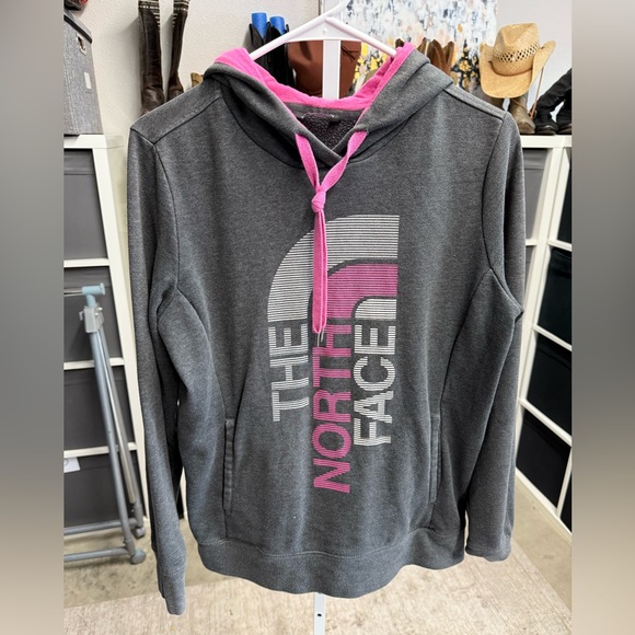 The North Face Tops - The North Face Charcoal and Pink Hooded Sweatshirt